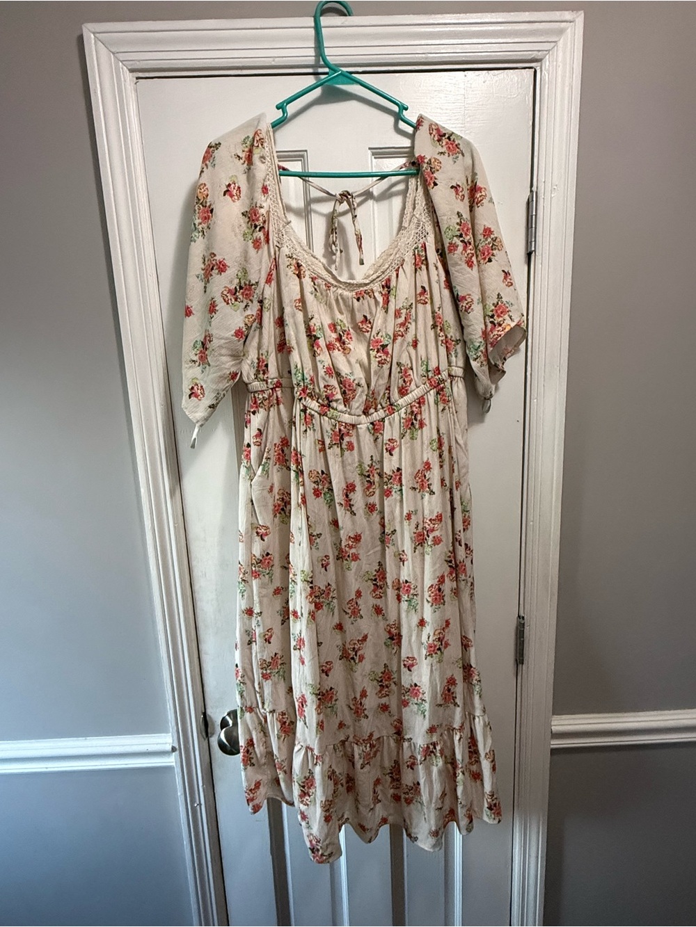 torrid Cream Cottagecore Floral Midi Dress with Red & Green Bouquet Print